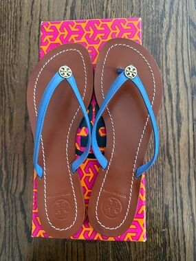Tory Burch Terra Thong Sandals with Blue Straps and Gold Logo